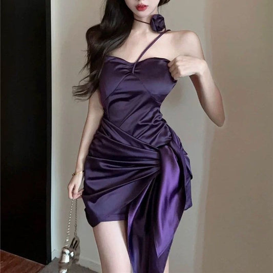 Glossy Fabric Stretchy Fabric Sleeveless Mini Skirt Spaghetti Strap Elegant Halter Short Dress AP0337