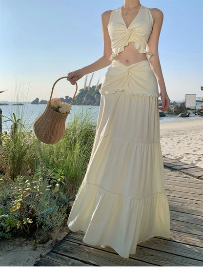 Travel Outfit Set Ruffled Lightweight Dress with Open Waist V-Neck Halter Dress AP0341