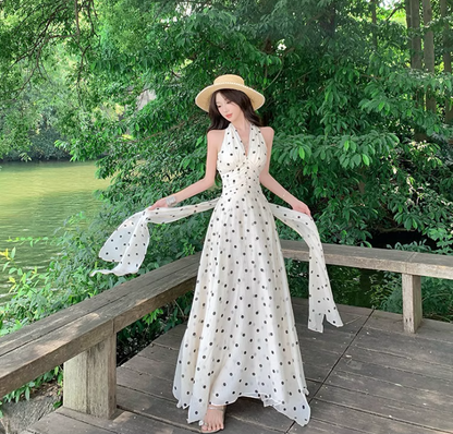 Vacation OOTD Lightweight Dress With Natural Waist Flowy V-Neck Halter Long Dress AP0342