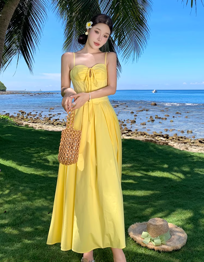 Summer Vacation Waist-Cinching Flowy Dress Spaghetti Strap Grace Long Dress AP0343