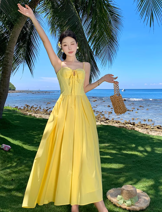 Summer Vacation Waist-Cinching Flowy Dress Spaghetti Strap Grace Long Dress AP0343