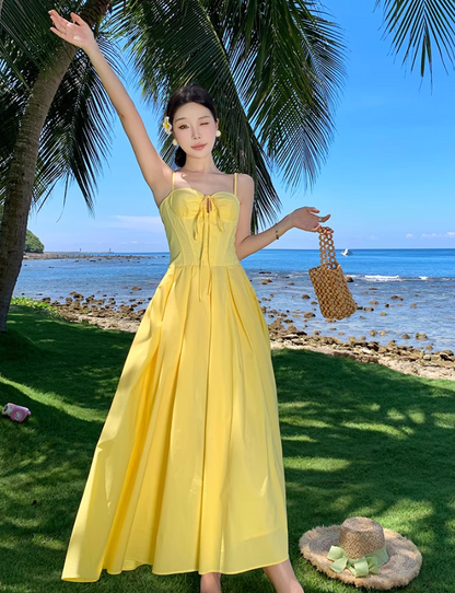 Summer Vacation Waist-Cinching Flowy Dress Spaghetti Strap Grace Long Dress AP0343