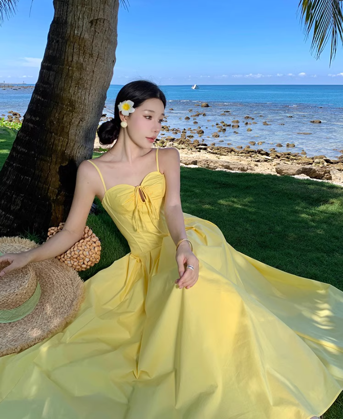 Summer Vacation Waist-Cinching Flowy Dress Spaghetti Strap Grace Long Dress AP0343