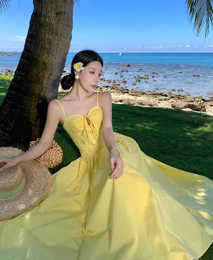 Summer Vacation Waist-Cinching Flowy Dress Spaghetti Strap Grace Long Dress AP0343