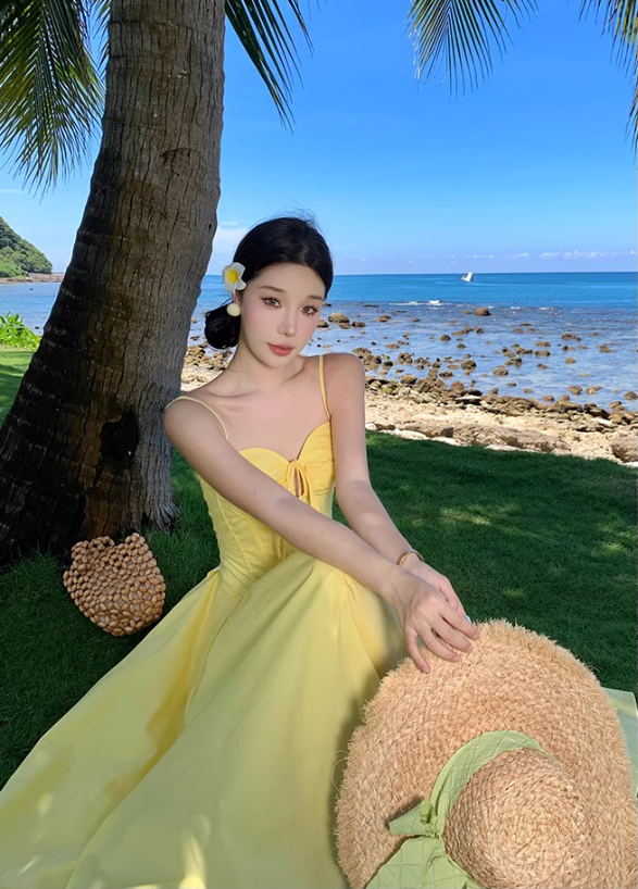 Summer Vacation Waist-Cinching Flowy Dress Spaghetti Strap Grace Long Dress AP0343