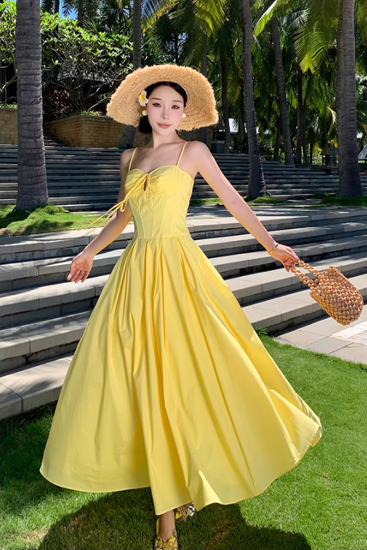 Summer Vacation Waist-Cinching Flowy Dress Spaghetti Strap Grace Long Dress AP0343