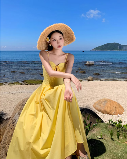 Summer Vacation Waist-Cinching Flowy Dress Spaghetti Strap Grace Long Dress AP0343