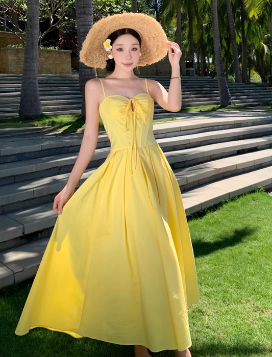 Summer Vacation Waist-Cinching Flowy Dress Spaghetti Strap Grace Long Dress AP0343