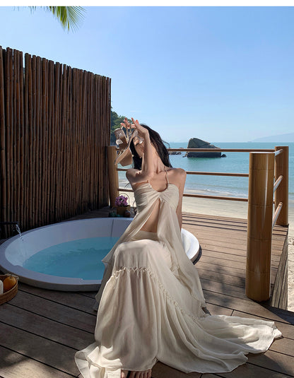 Travel Flowy Dress with Sweetheart Neck Ruffled Edge Variable Strap Halter Dress AP0344