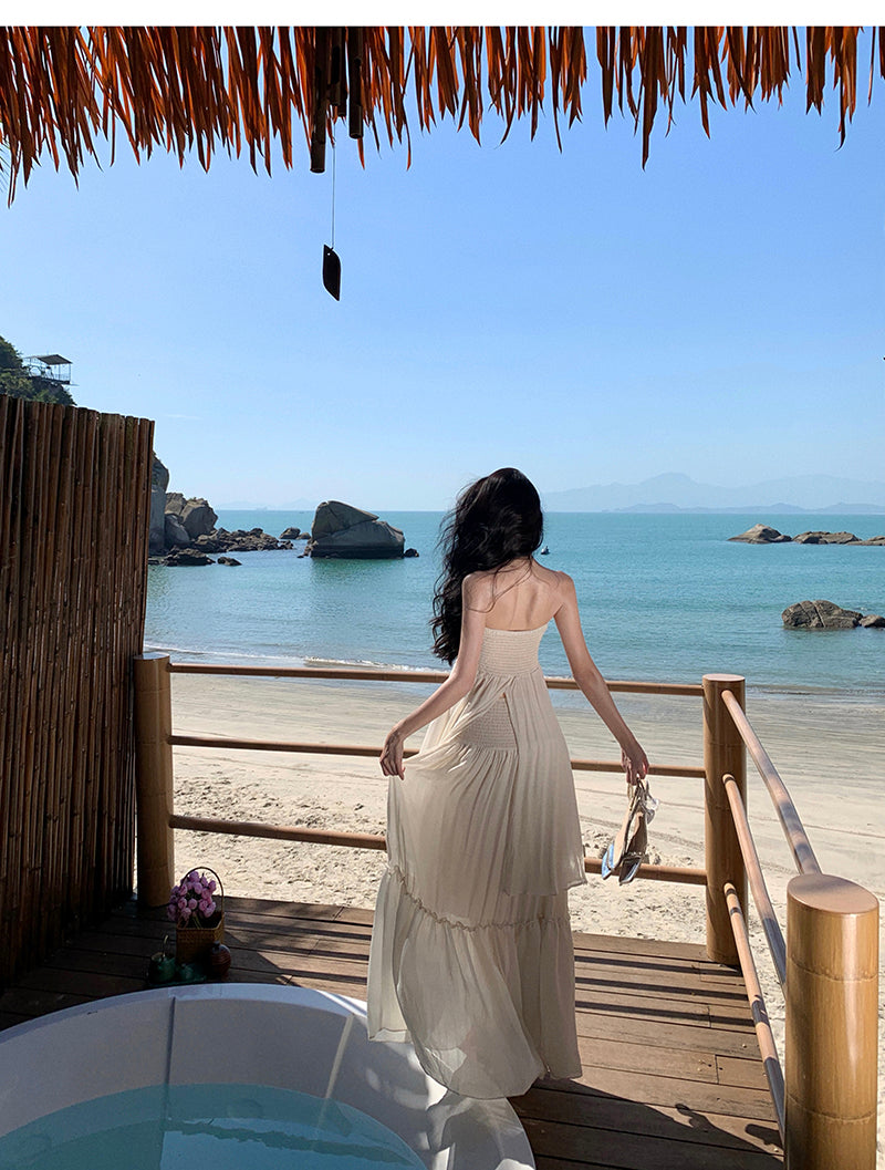 Travel Flowy Dress with Sweetheart Neck Ruffled Edge Variable Strap Halter Dress AP0344