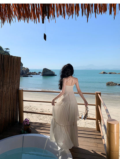 Travel Flowy Dress with Sweetheart Neck Ruffled Edge Variable Strap Halter Dress AP0344