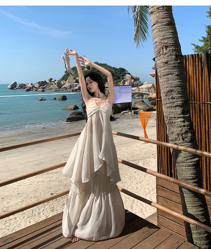 Travel Flowy Dress with Sweetheart Neck Ruffled Edge Variable Strap Halter Dress AP0344