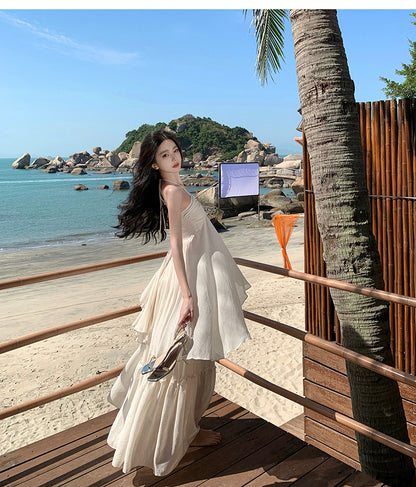 Travel Flowy Dress with Sweetheart Neck Ruffled Edge Variable Strap Halter Dress AP0344