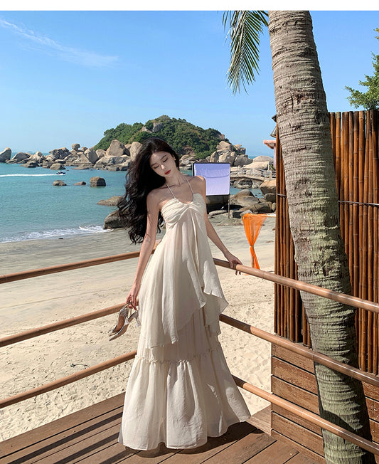 Travel Flowy Dress with Sweetheart Neck Ruffled Edge Variable Strap Halter Dress AP0344