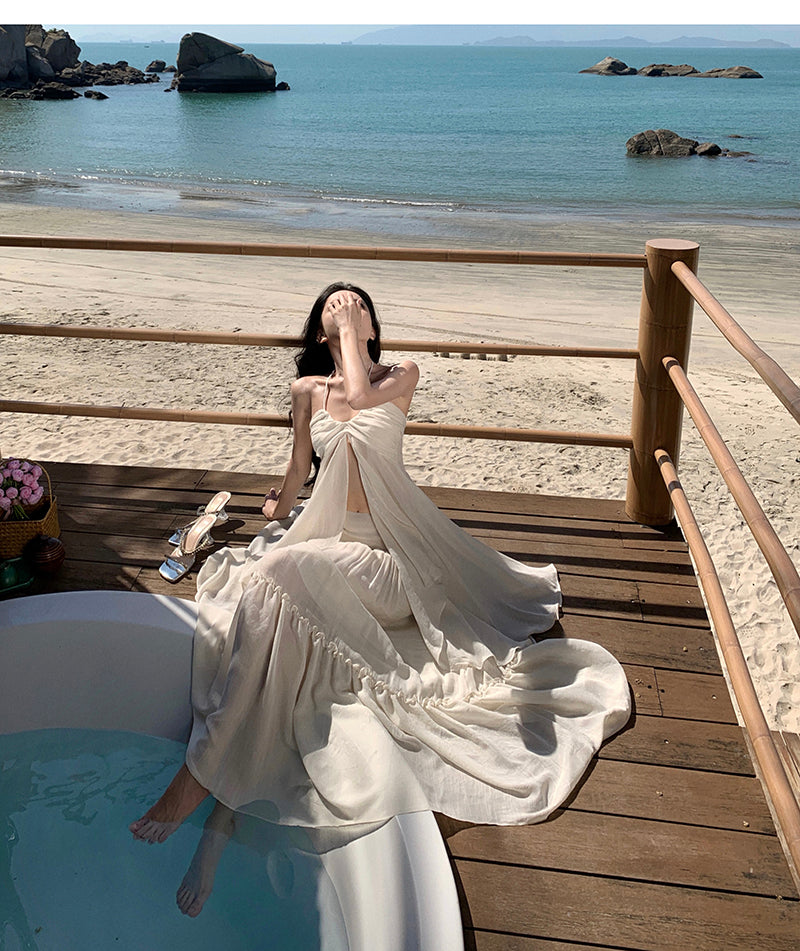 Travel Flowy Dress with Sweetheart Neck Ruffled Edge Variable Strap Halter Dress AP0344