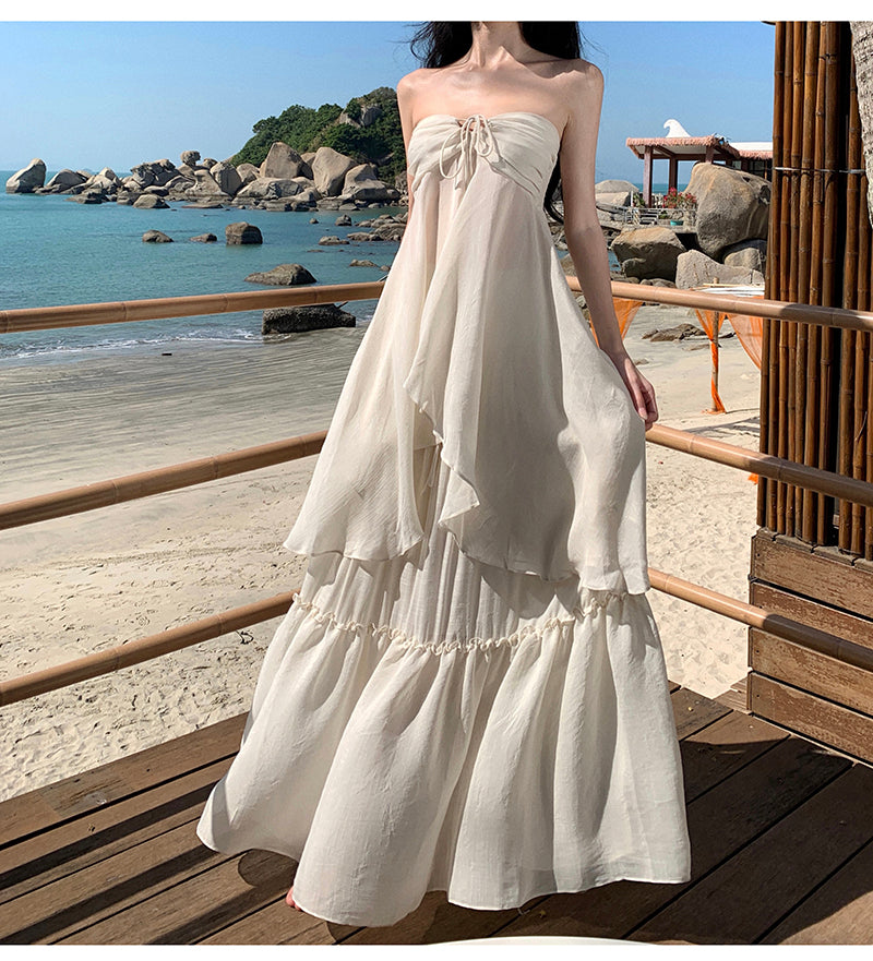 Travel Flowy Dress with Sweetheart Neck Ruffled Edge Variable Strap Halter Dress AP0344