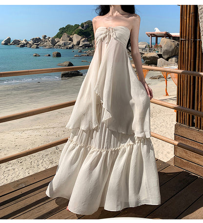 Travel Flowy Dress with Sweetheart Neck Ruffled Edge Variable Strap Halter Dress AP0344