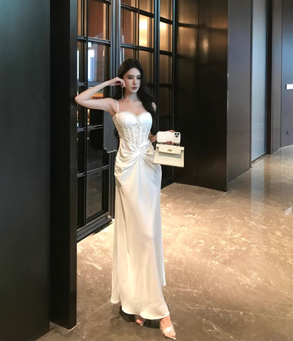 Feast Waist-Cinching Elegant Dress Sweetheart Neck Spaghetti Strap Party Long Dress AP0346