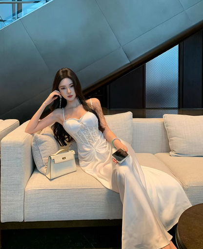 Feast Waist-Cinching Elegant Dress Sweetheart Neck Spaghetti Strap Party Long Dress AP0346