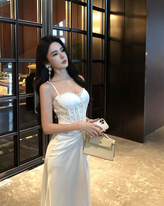 Feast Waist-Cinching Elegant Dress Sweetheart Neck Spaghetti Strap Party Long Dress AP0346