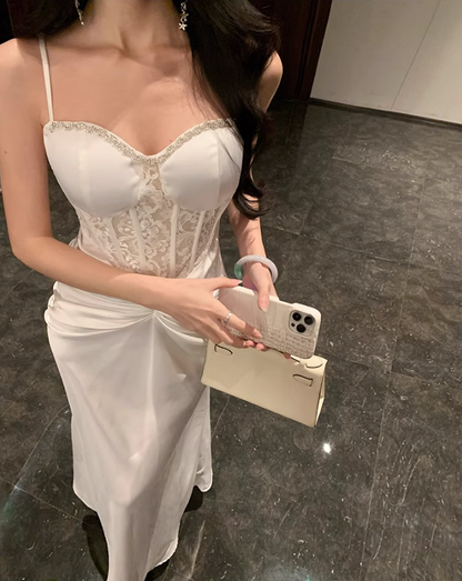 Feast Waist-Cinching Elegant Dress Sweetheart Neck Spaghetti Strap Party Long Dress AP0346