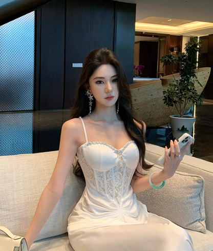 Feast Waist-Cinching Elegant Dress Sweetheart Neck Spaghetti Strap Party Long Dress AP0346