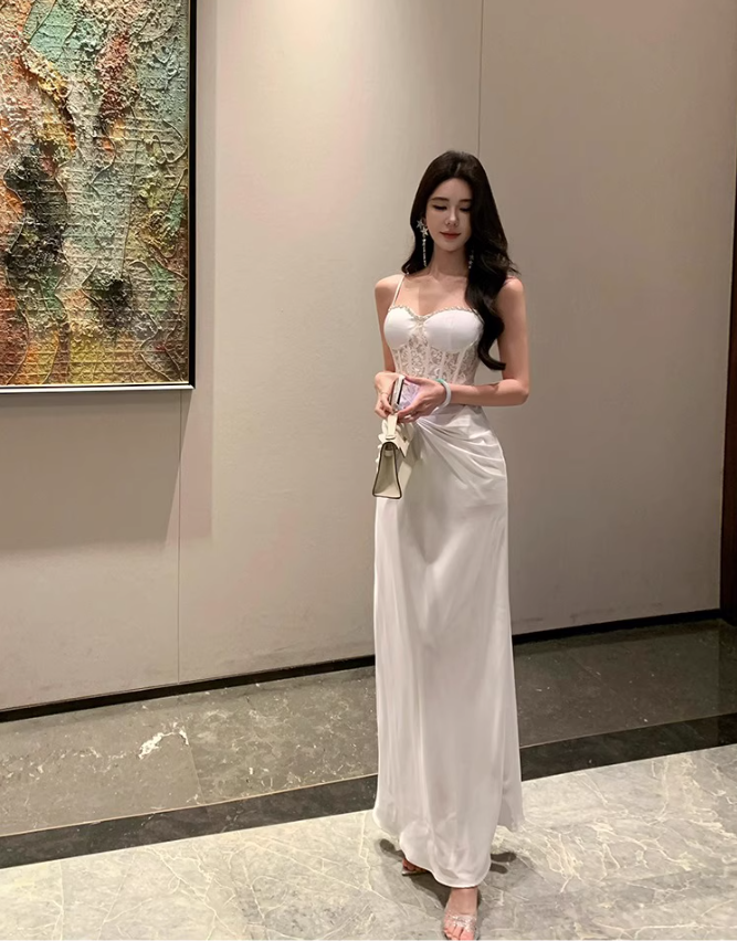 Feast Waist-Cinching Elegant Dress Sweetheart Neck Spaghetti Strap Party Long Dress AP0346