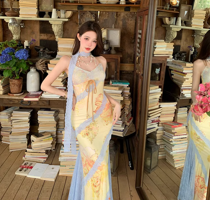 Summer Vacation Mermaid Dress Lace-Trimmed Spaghetti Strap Party Bodycon Long Dress AP0347