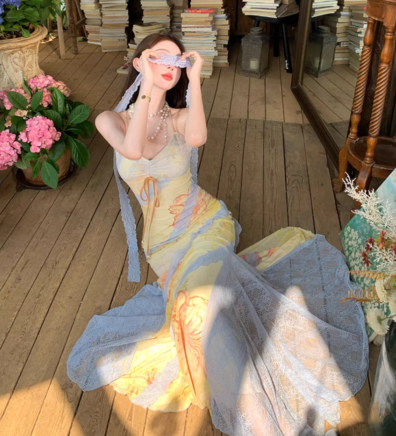 Summer Vacation Mermaid Dress Lace-Trimmed Spaghetti Strap Party Bodycon Long Dress AP0347