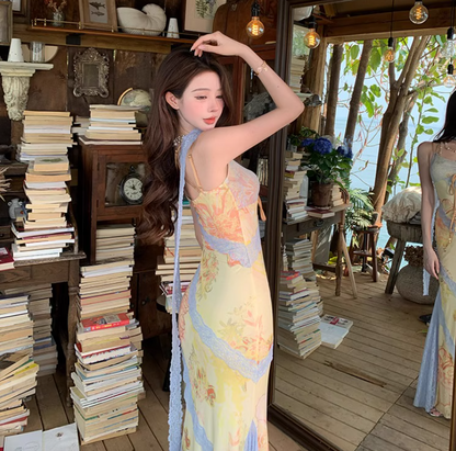 Summer Vacation Mermaid Dress Lace-Trimmed Spaghetti Strap Party Bodycon Long Dress AP0347