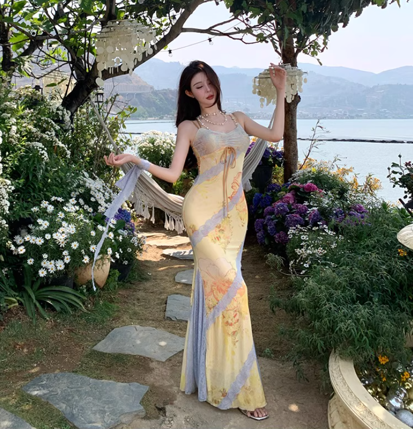 Summer Vacation Mermaid Dress Lace-Trimmed Spaghetti Strap Party Bodycon Long Dress AP0347