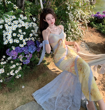 Summer Vacation Mermaid Dress Lace-Trimmed Spaghetti Strap Party Bodycon Long Dress AP0347