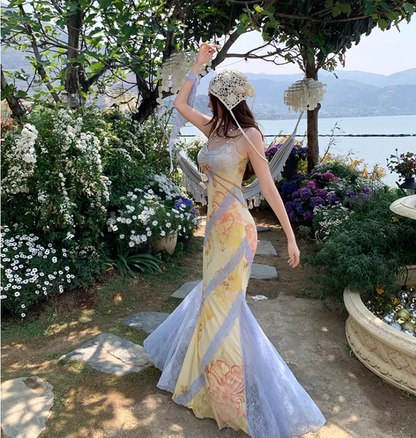 Summer Vacation Mermaid Dress Lace-Trimmed Spaghetti Strap Party Bodycon Long Dress AP0347