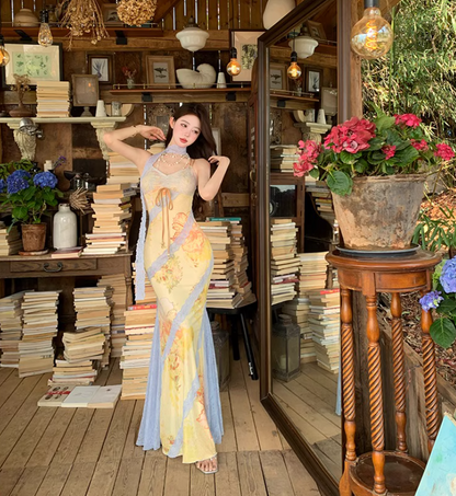 Summer Vacation Mermaid Dress Lace-Trimmed Spaghetti Strap Party Bodycon Long Dress AP0347