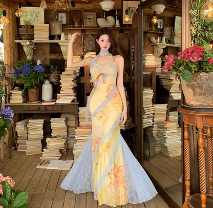 Summer Vacation Mermaid Dress Lace-Trimmed Spaghetti Strap Party Bodycon Long Dress AP0347