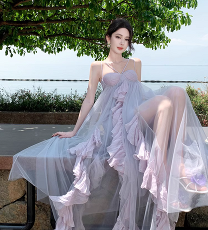 Double Layer Flowy Party Oversize Ruffled Dress Voile Trimmed Spaghetti Strap Long Dress AP0348
