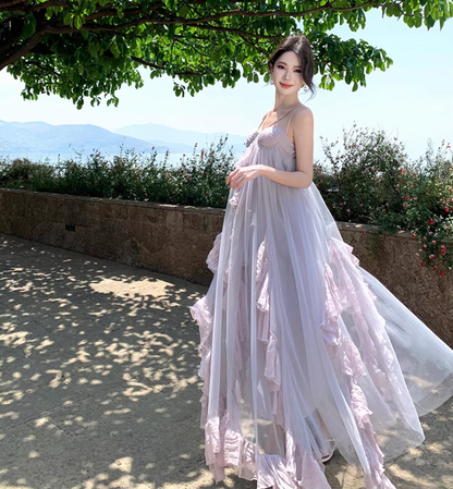 Double Layer Flowy Party Oversize Ruffled Dress Voile Trimmed Spaghetti Strap Long Dress AP0348