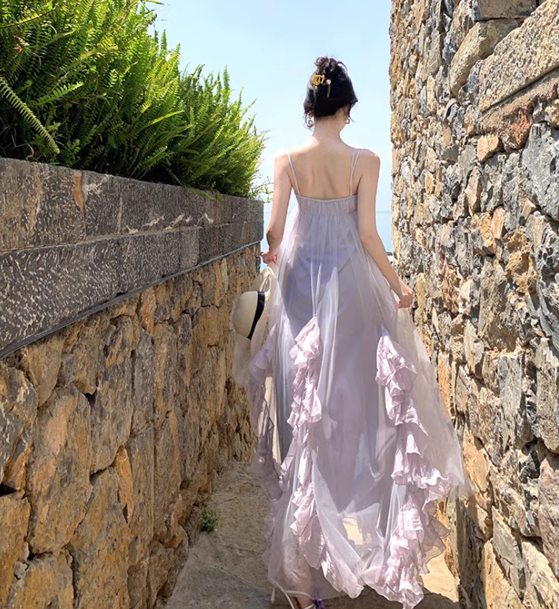 Double Layer Flowy Party Oversize Ruffled Dress Voile Trimmed Spaghetti Strap Long Dress AP0348