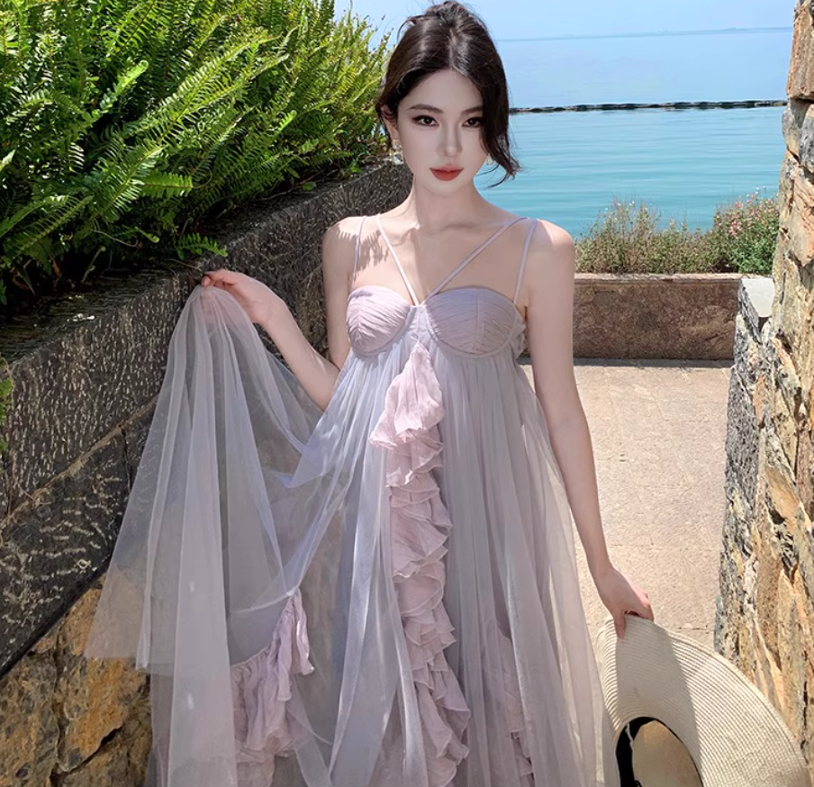 Double Layer Flowy Party Oversize Ruffled Dress Voile Trimmed Spaghetti Strap Long Dress AP0348