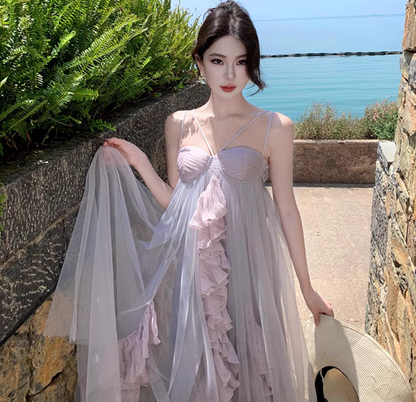 Double Layer Flowy Party Oversize Ruffled Dress Voile Trimmed Spaghetti Strap Long Dress AP0348