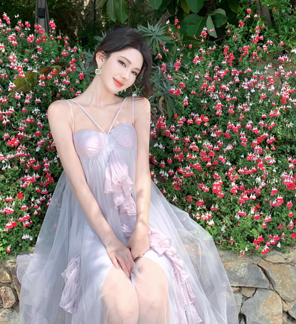 Double Layer Flowy Party Oversize Ruffled Dress Voile Trimmed Spaghetti Strap Long Dress AP0348