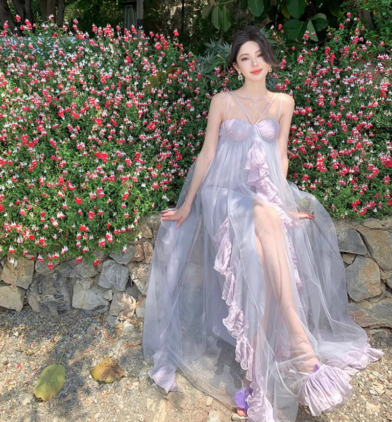 Double Layer Flowy Party Oversize Ruffled Dress Voile Trimmed Spaghetti Strap Long Dress AP0348