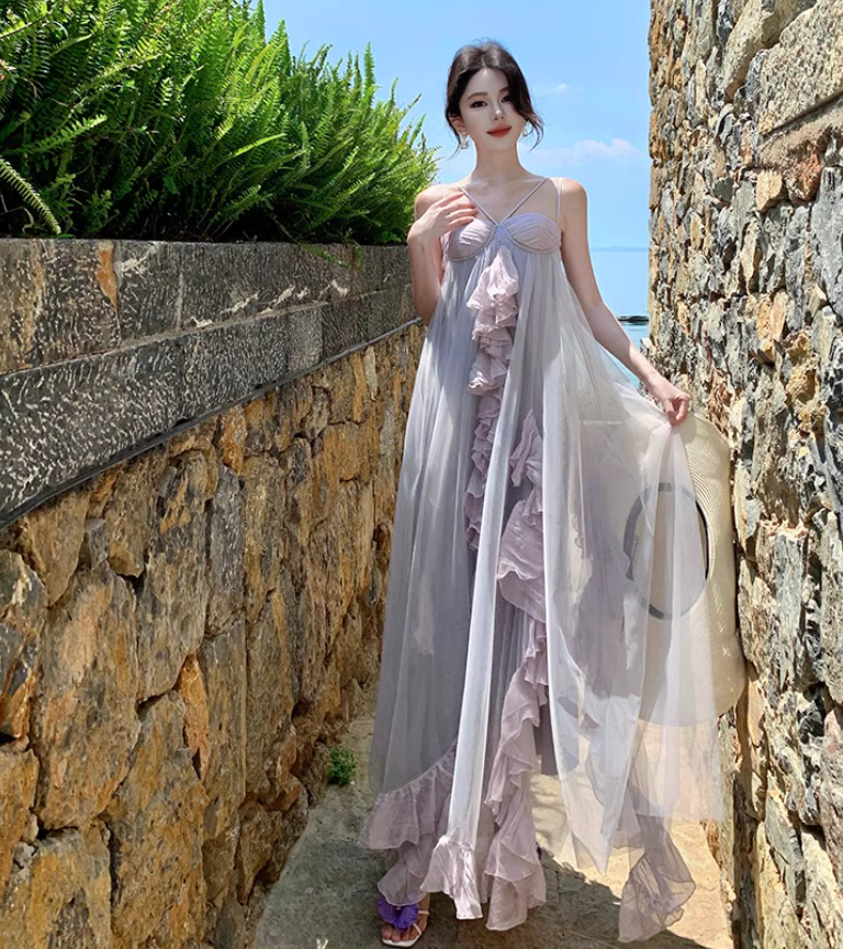 Double Layer Flowy Party Oversize Ruffled Dress Voile Trimmed Spaghetti Strap Long Dress AP0348