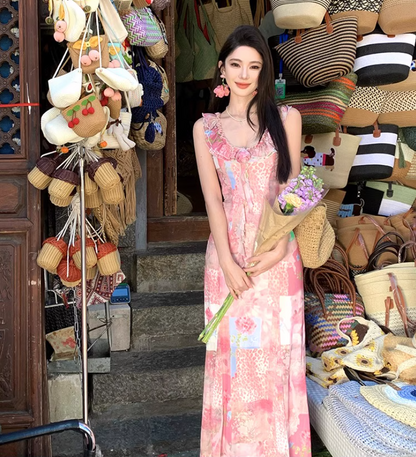 Floral print  Elegant Vacation Dress Ruffles Neck Strap Summer A-Line Long Dress AP0349