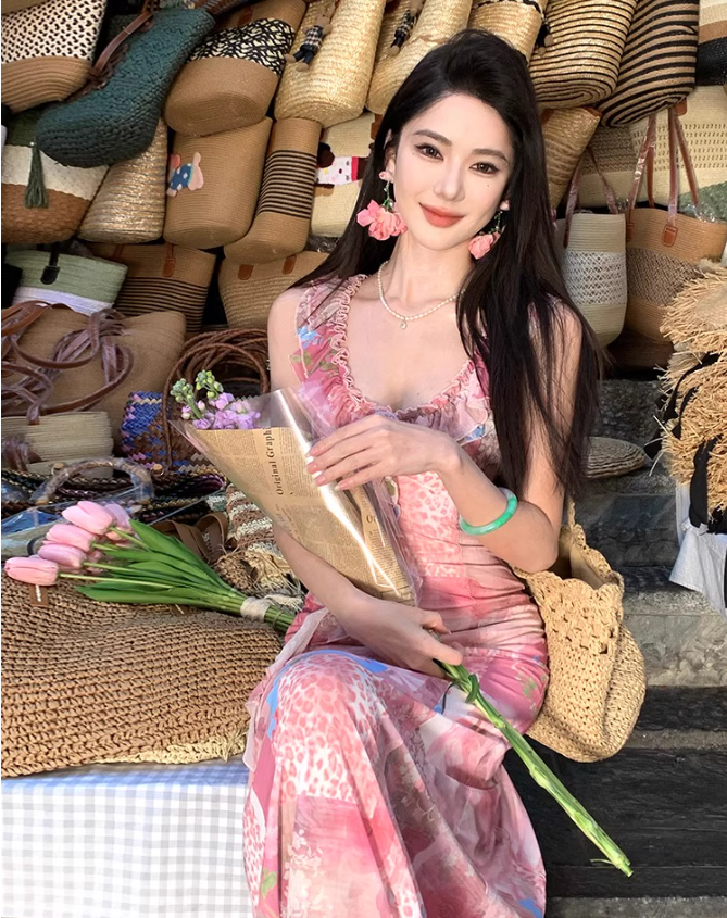 Floral print  Elegant Vacation Dress Ruffles Neck Strap Summer A-Line Long Dress AP0349