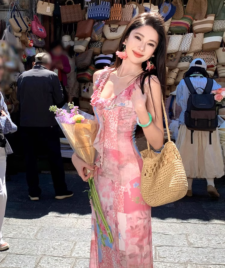 Floral print  Elegant Vacation Dress Ruffles Neck Strap Summer A-Line Long Dress AP0349