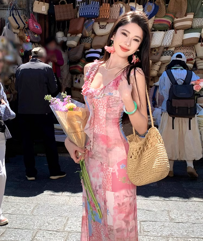 Floral print  Elegant Vacation Dress Ruffles Neck Strap Summer A-Line Long Dress AP0349