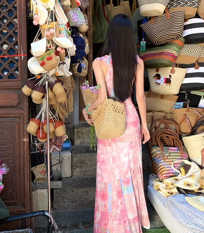 Floral print  Elegant Vacation Dress Ruffles Neck Strap Summer A-Line Long Dress AP0349