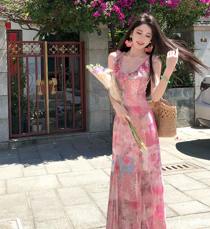Floral print  Elegant Vacation Dress Ruffles Neck Strap Summer A-Line Long Dress AP0349
