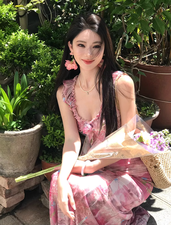 Floral print  Elegant Vacation Dress Ruffles Neck Strap Summer A-Line Long Dress AP0349